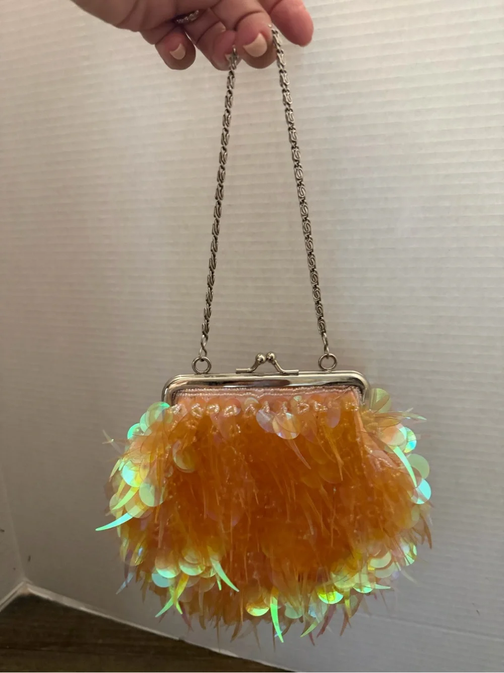 Retro Iridescent Orange Sequin Feather Evening Clutch